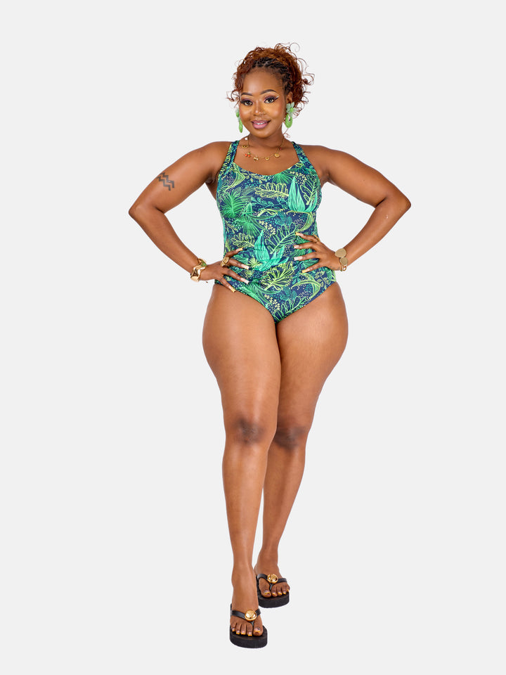 Leaf print tummy control one piece
