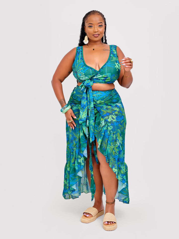 Tropical green bikini with skirt