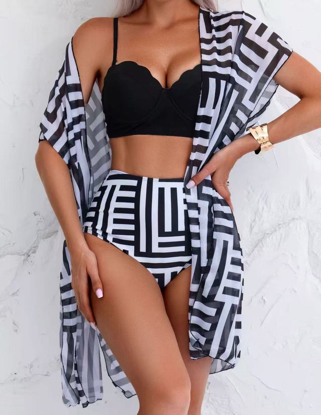 3pc geo high waist bikini