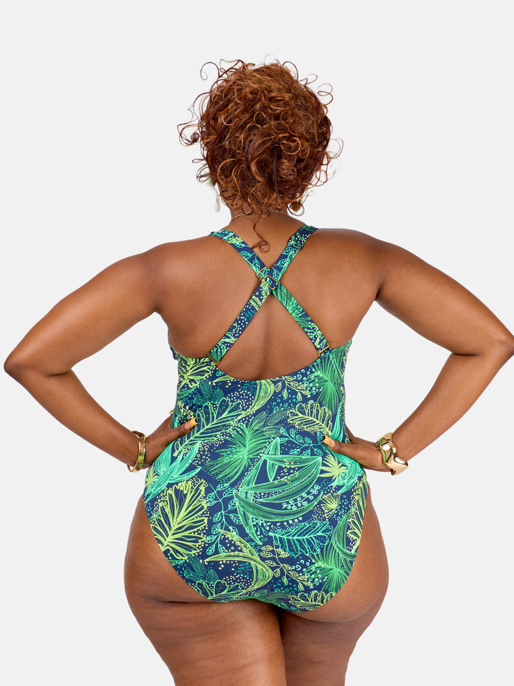 Leaf print tummy control one piece