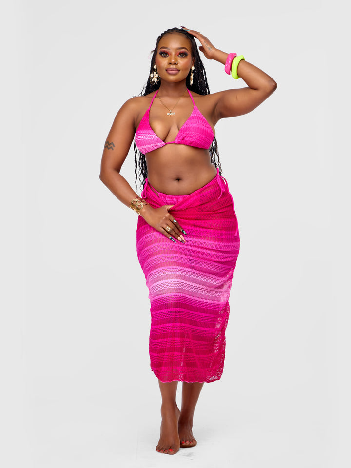 3-Piece Ombre Bikini Set with Skirt Cover Up