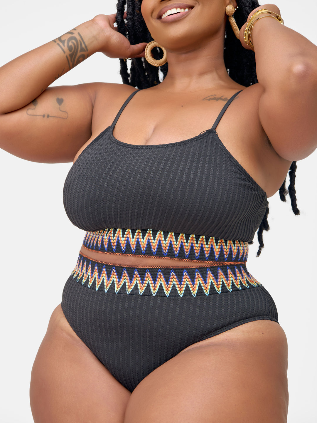Ribbed contrast trim bikini black