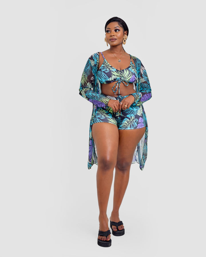 3pc palm print bikini short set