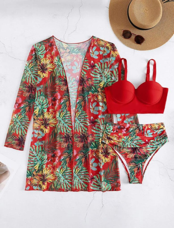 Tropical high waist bikini with midi kimono