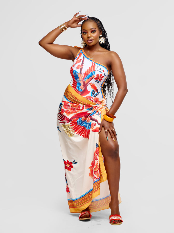 One-Shoulder One-Piece Swimsuit with Pecan Print & Matching Sarong