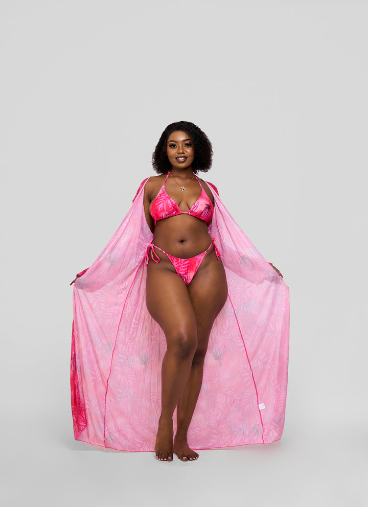 Pink palm print bikini with long kimono