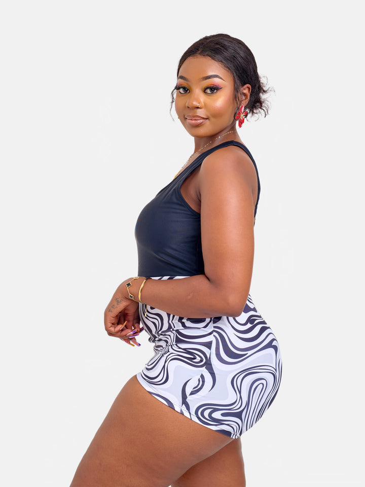Fluid print one piece with shorts