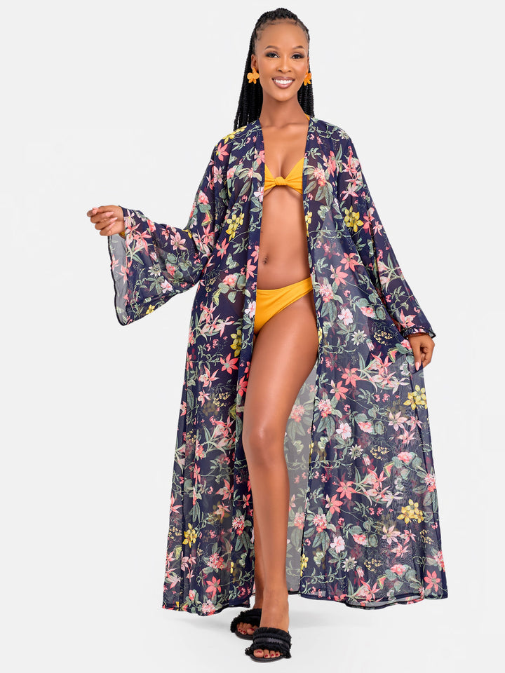 Floral belted kimono
