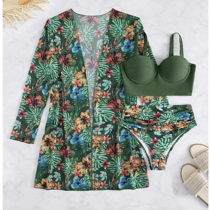 Tropical high waist bikini with midi kimono