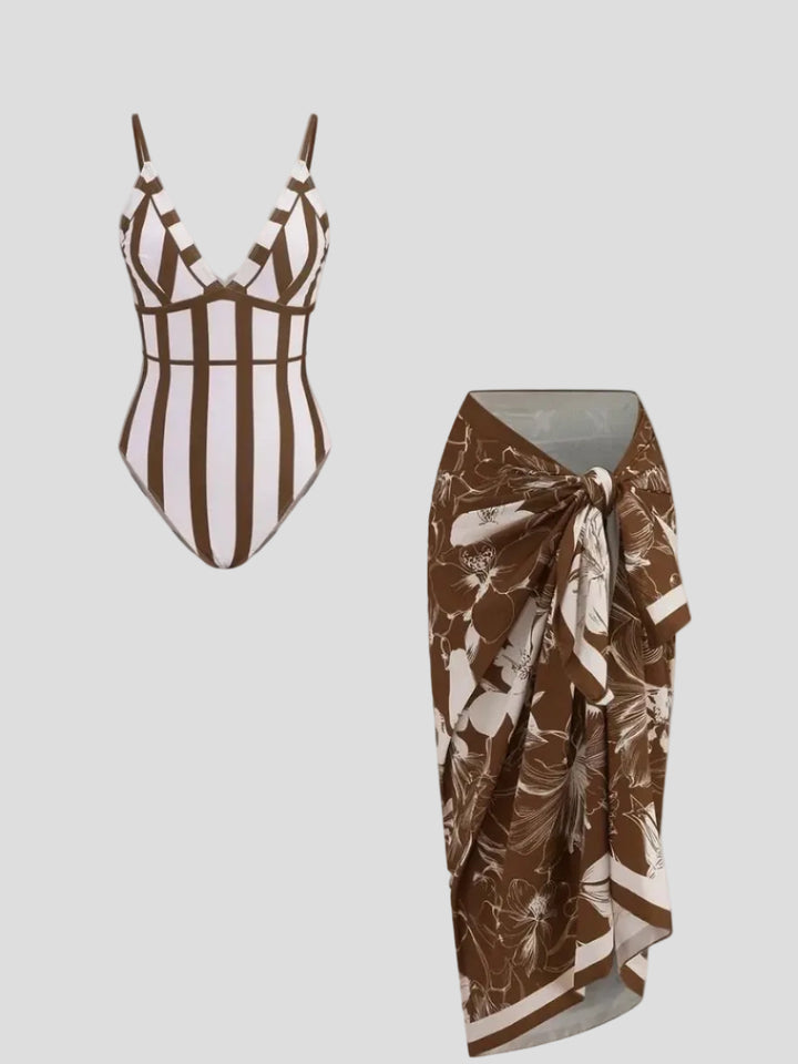 Striped one piece swimsuit & sarong set