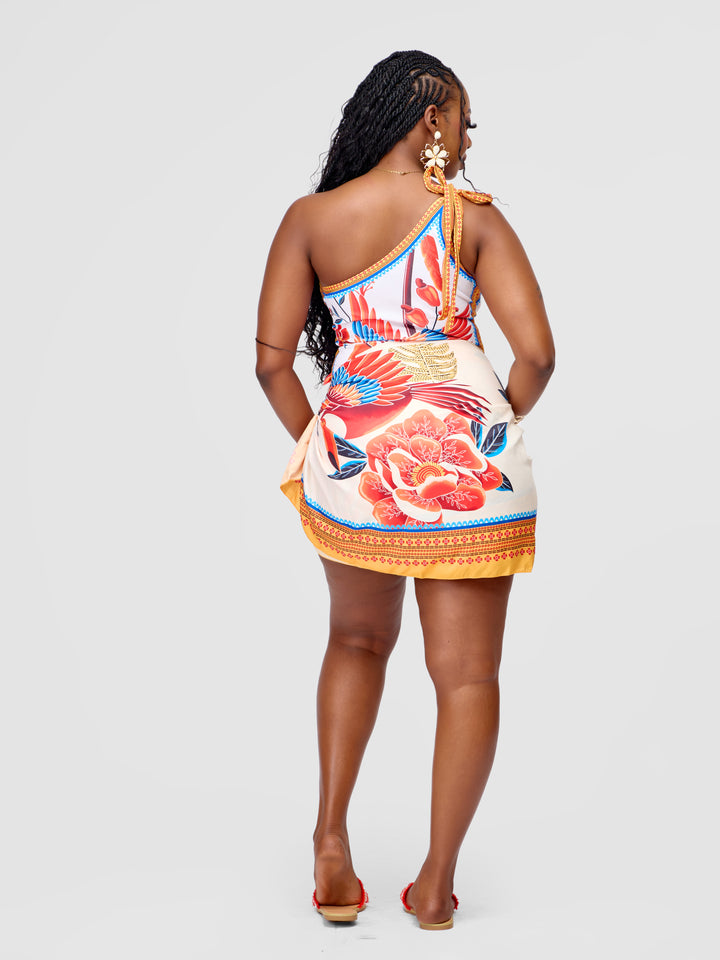 One-Shoulder One-Piece Swimsuit with Pecan Print & Matching Sarong