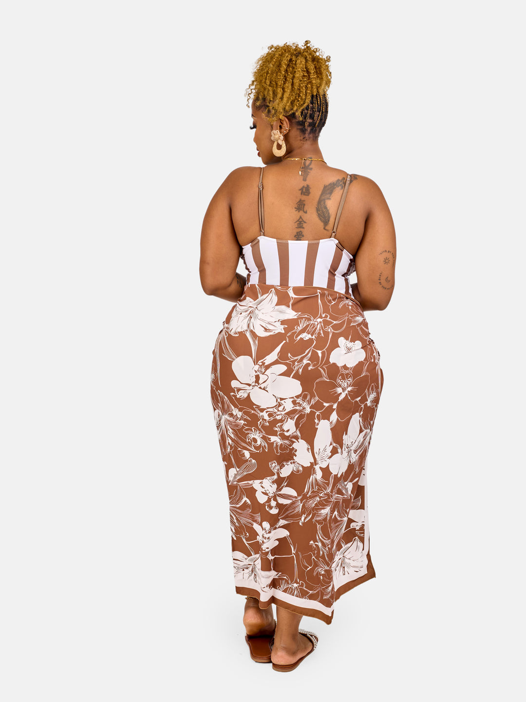 Striped one piece swimsuit & sarong set