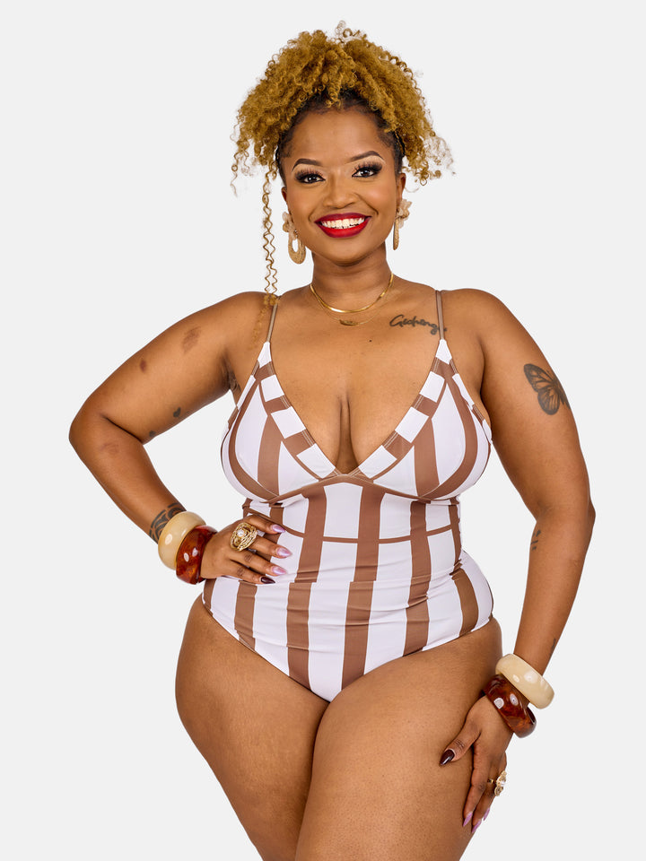 Striped one piece swimsuit & sarong set