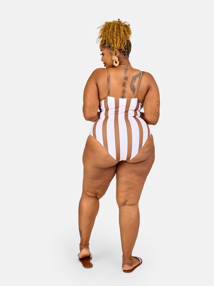 Striped one piece swimsuit & sarong set