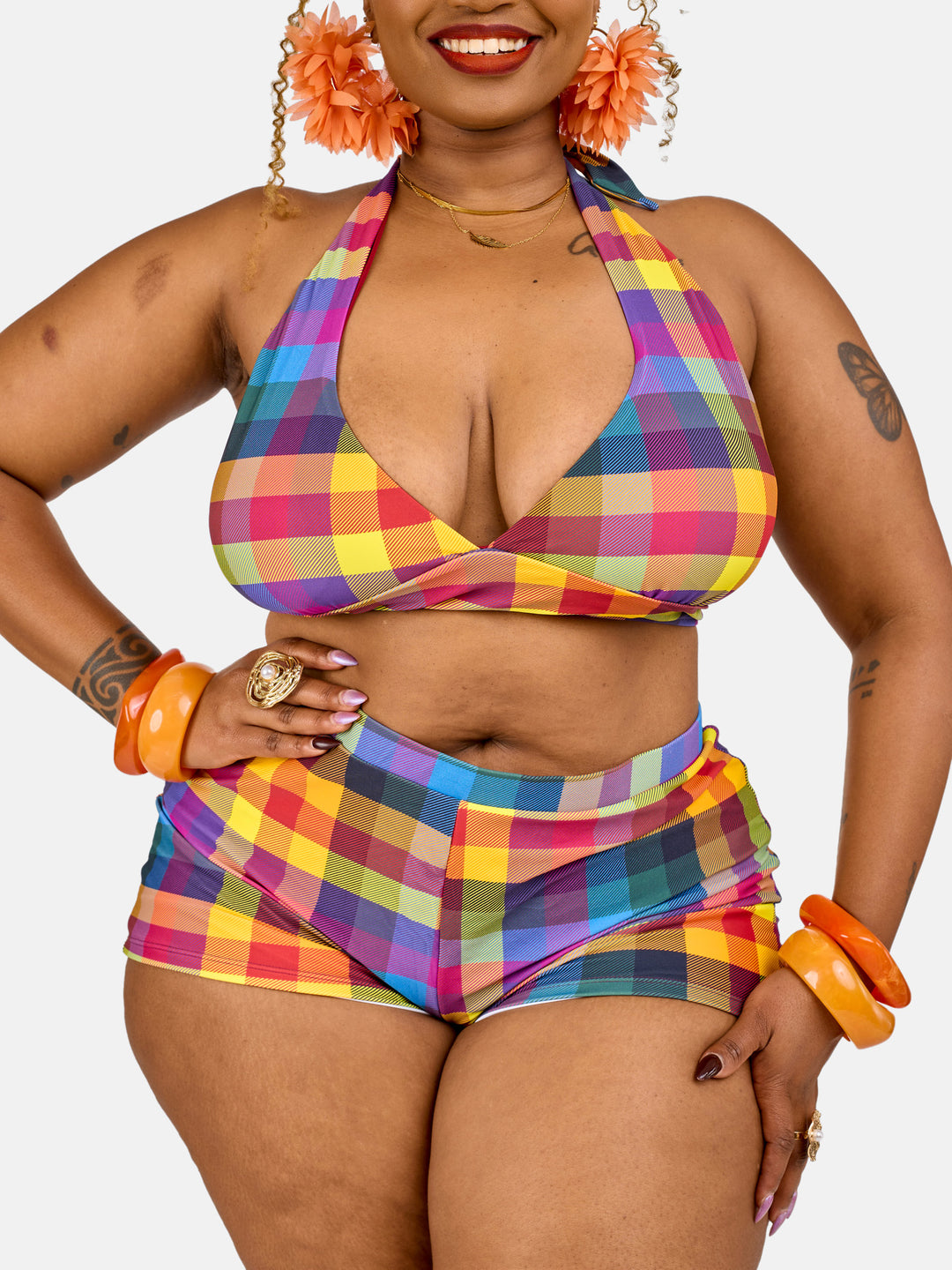 Checkered halter swim shorts