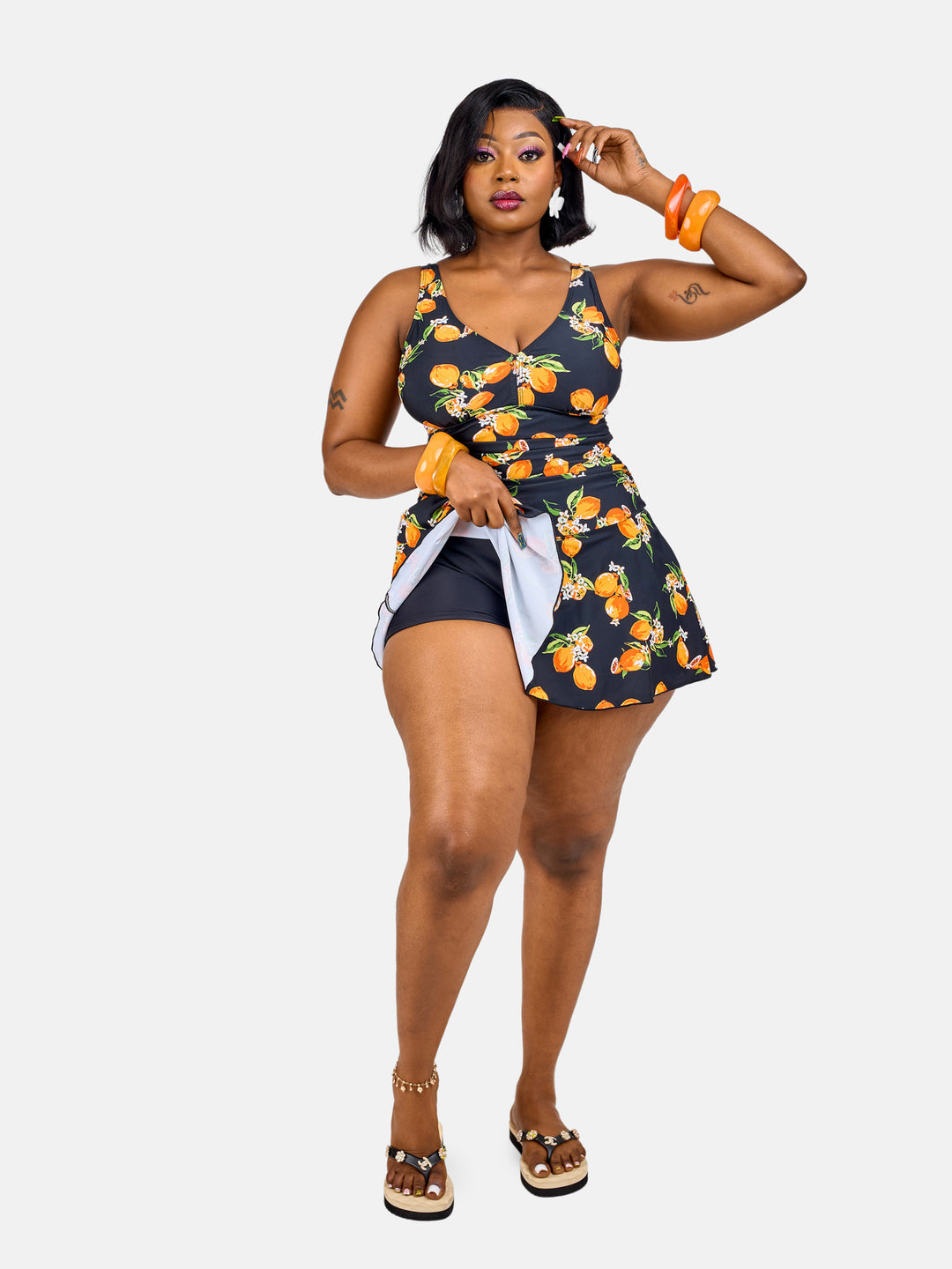 Lemon print tummy control swim dress