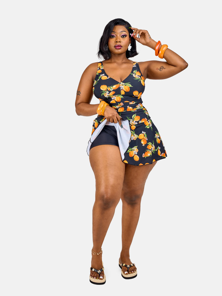 Lemon print tummy control swim dress