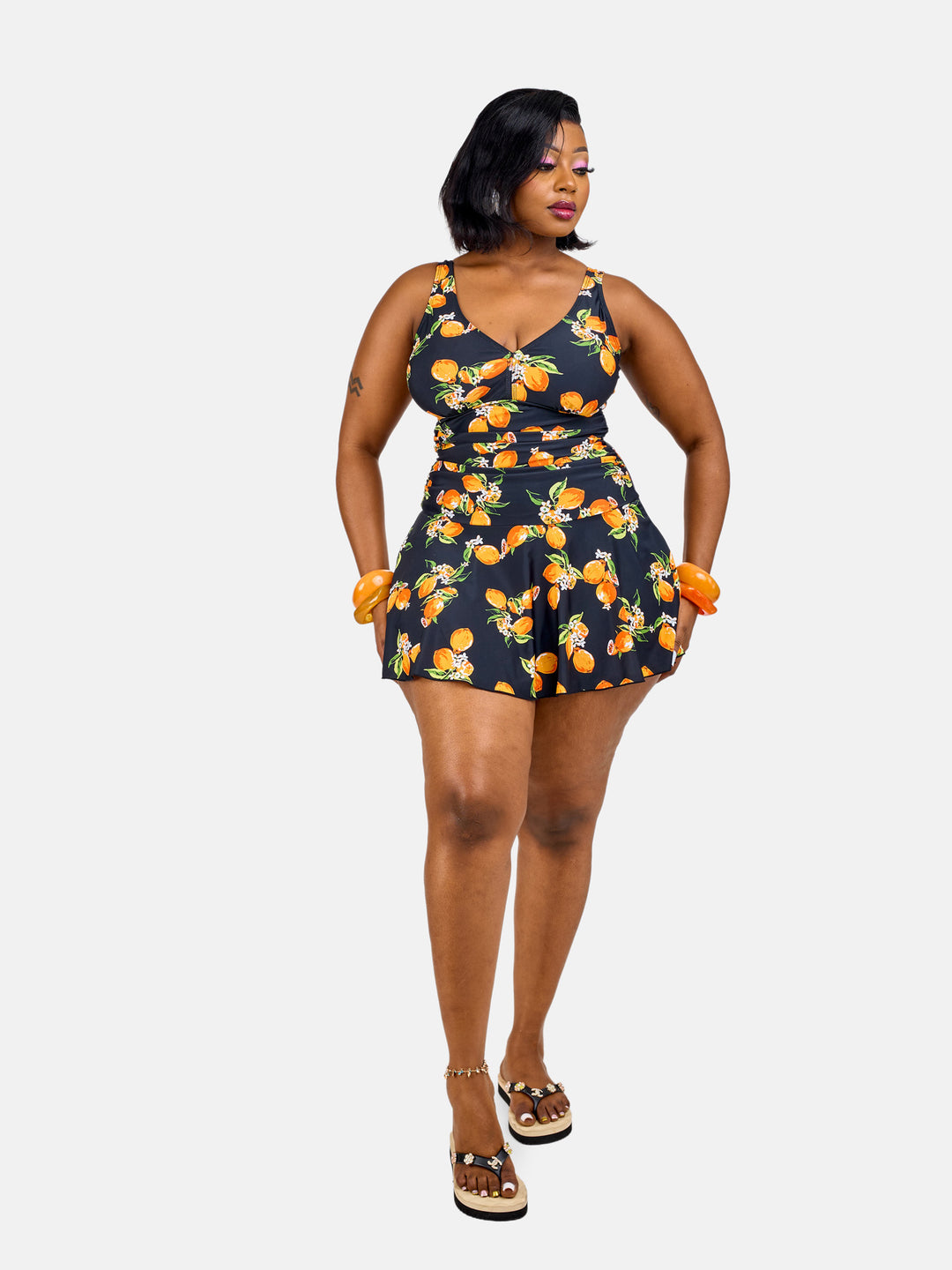Lemon print tummy control swim dress