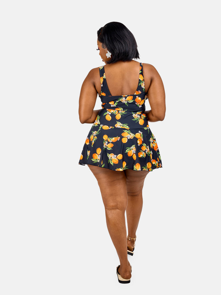 Lemon print tummy control swim dress