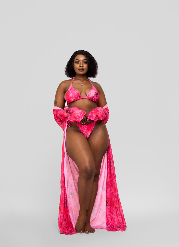 Pink palm print bikini with long kimono