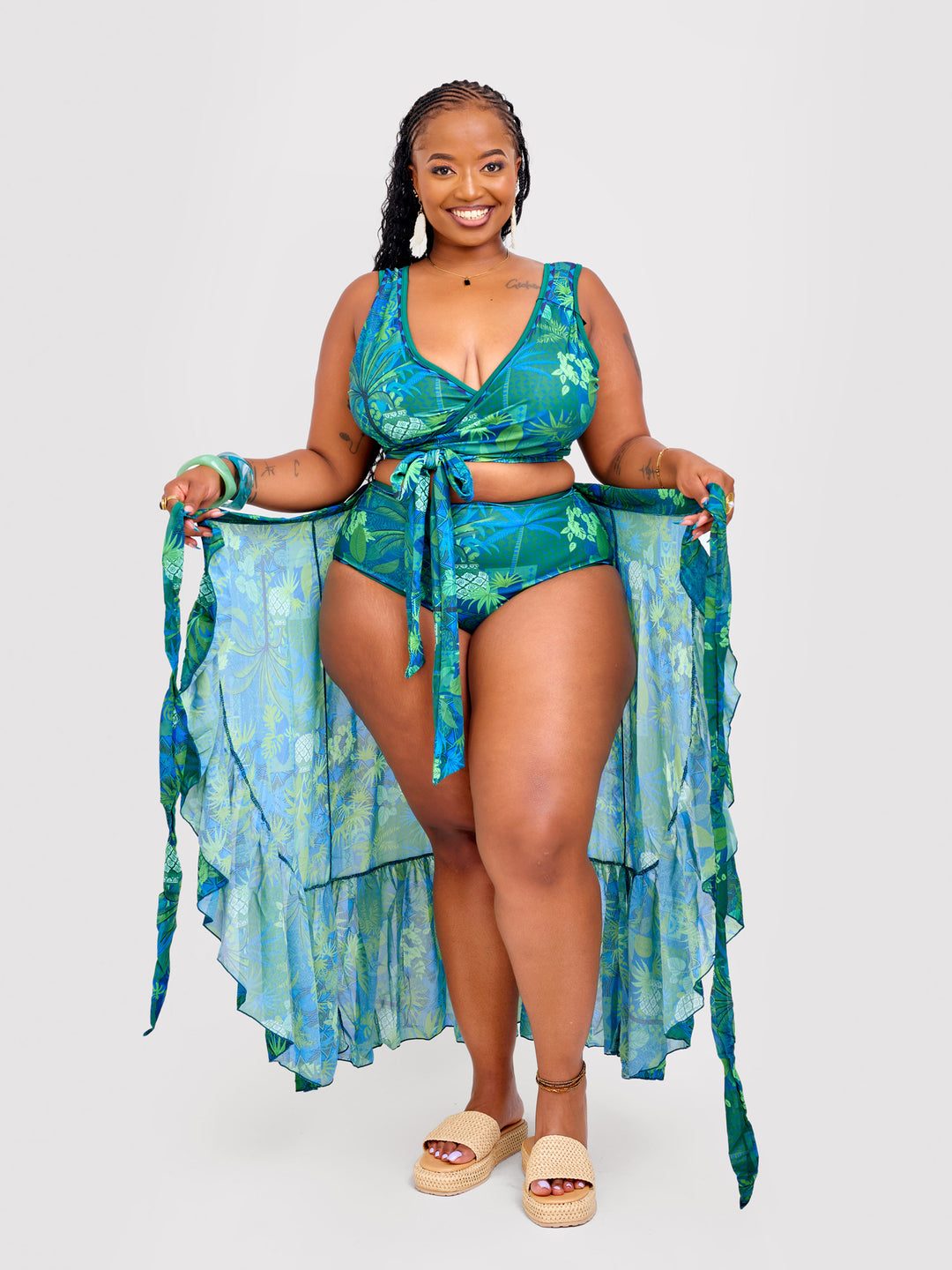 Tropical green bikini with skirt