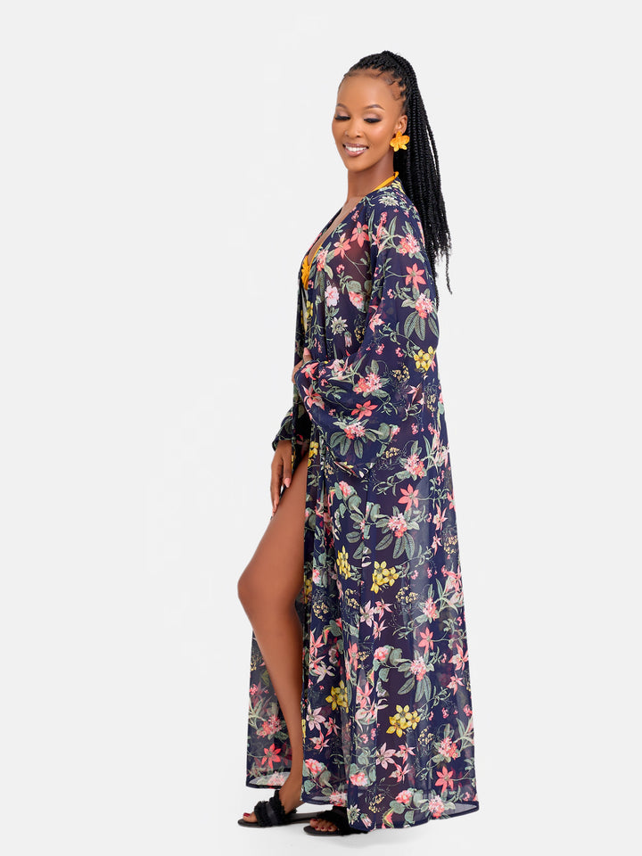 Floral belted kimono