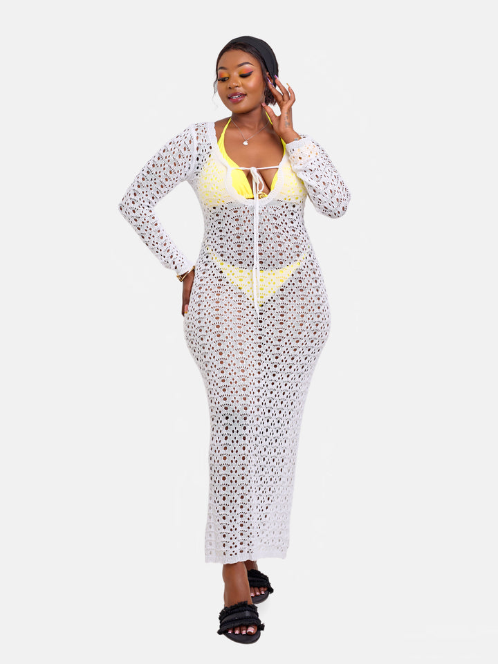 Long Sleeve White Knit Beach Dress