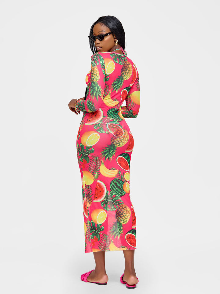 Tropical print bikini with mesh cover up