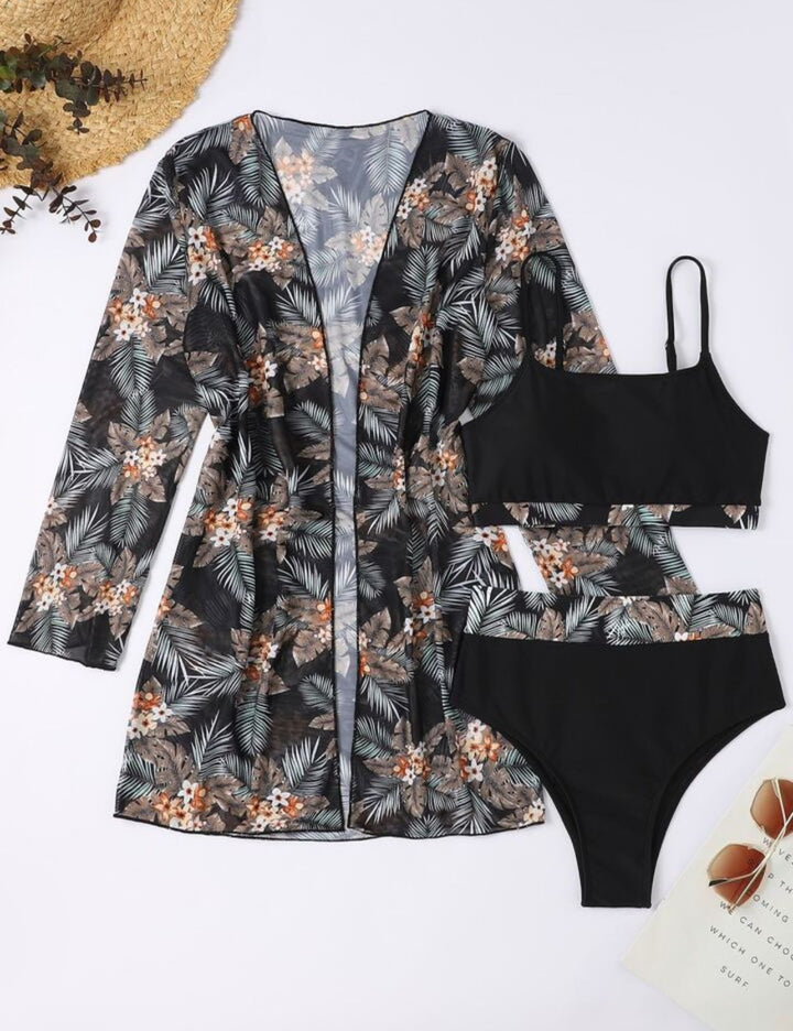 Tropical print high waist bikini with cover up