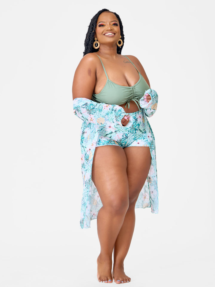 3pc green floral shorts with kimono
