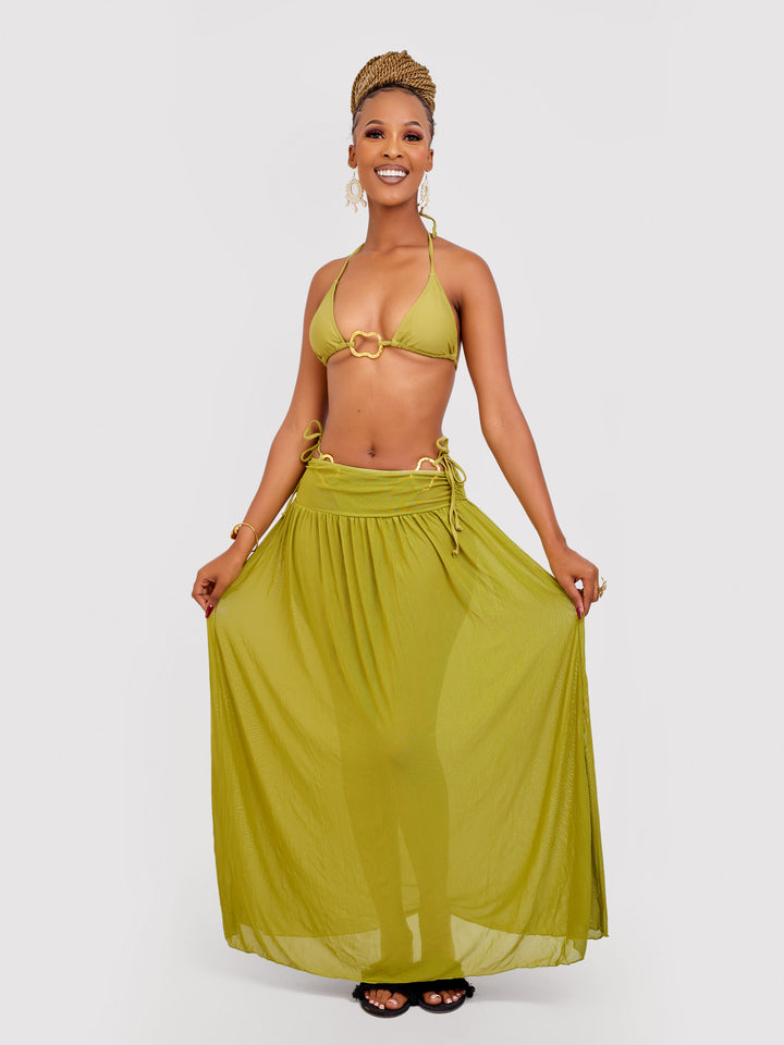 Green bikini with flowy skirt