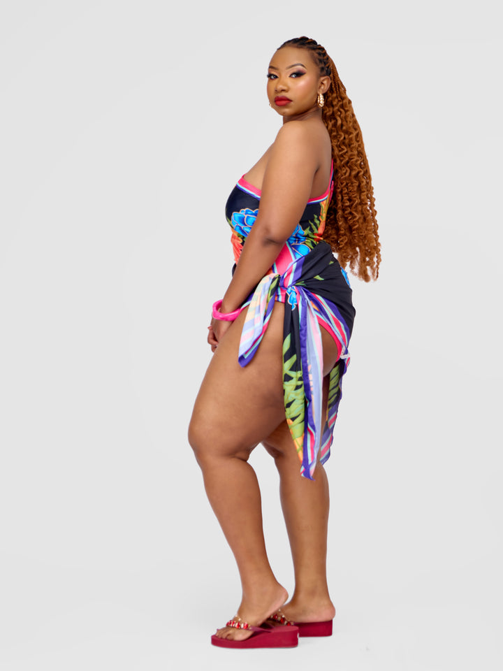 One-Shoulder One-Piece Swimsuit with Parrot Print & Matching Sarong