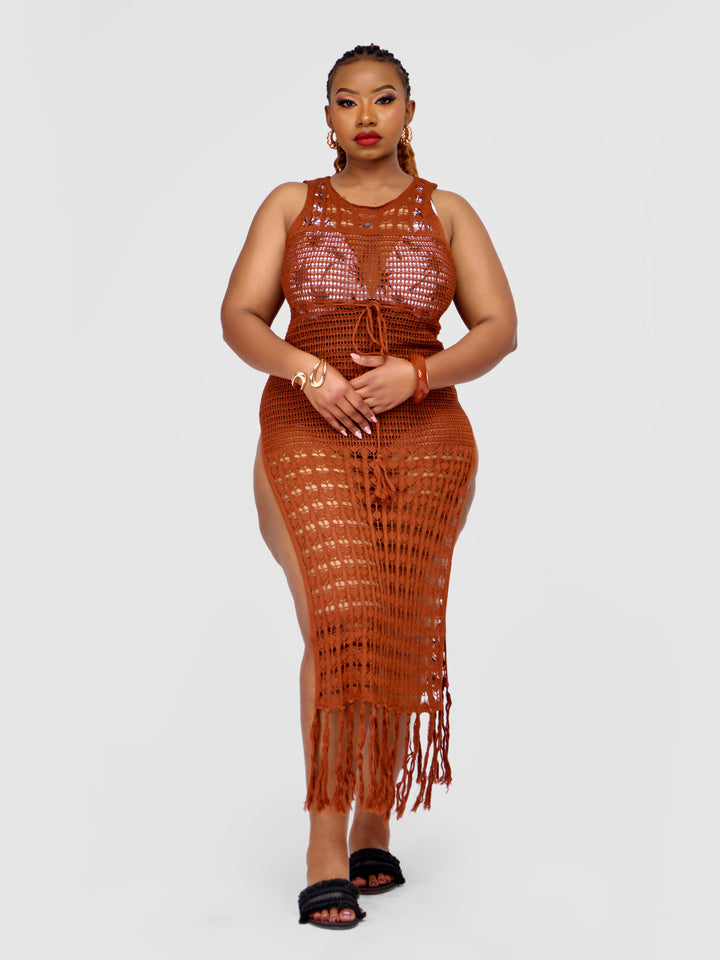 Beach Knit Dress with High Slits & Tassels
