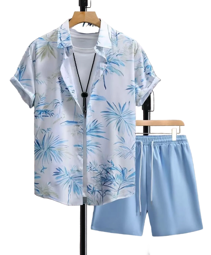 Blue palm print mens vacation sets