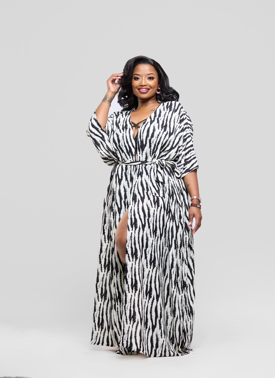 Zebra print belted kimono