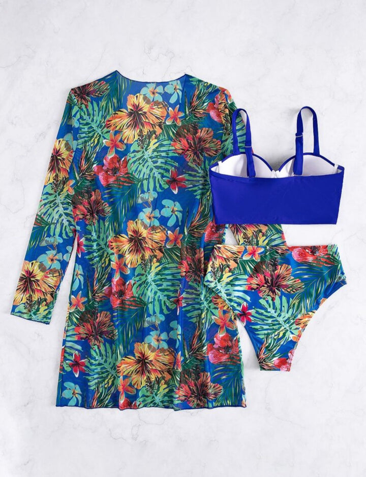 Tropical high waist bikini with midi kimono