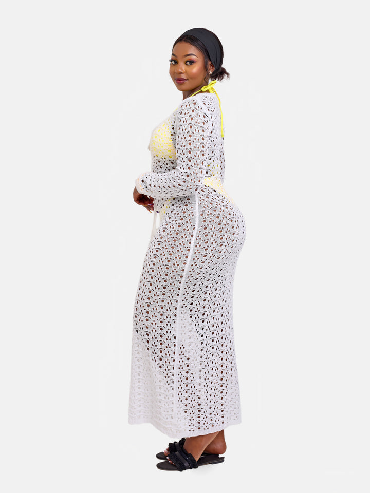 Long Sleeve White Knit Beach Dress