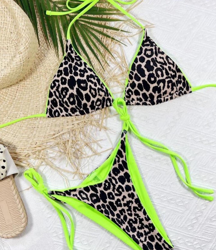 Luminous green animal print bikini