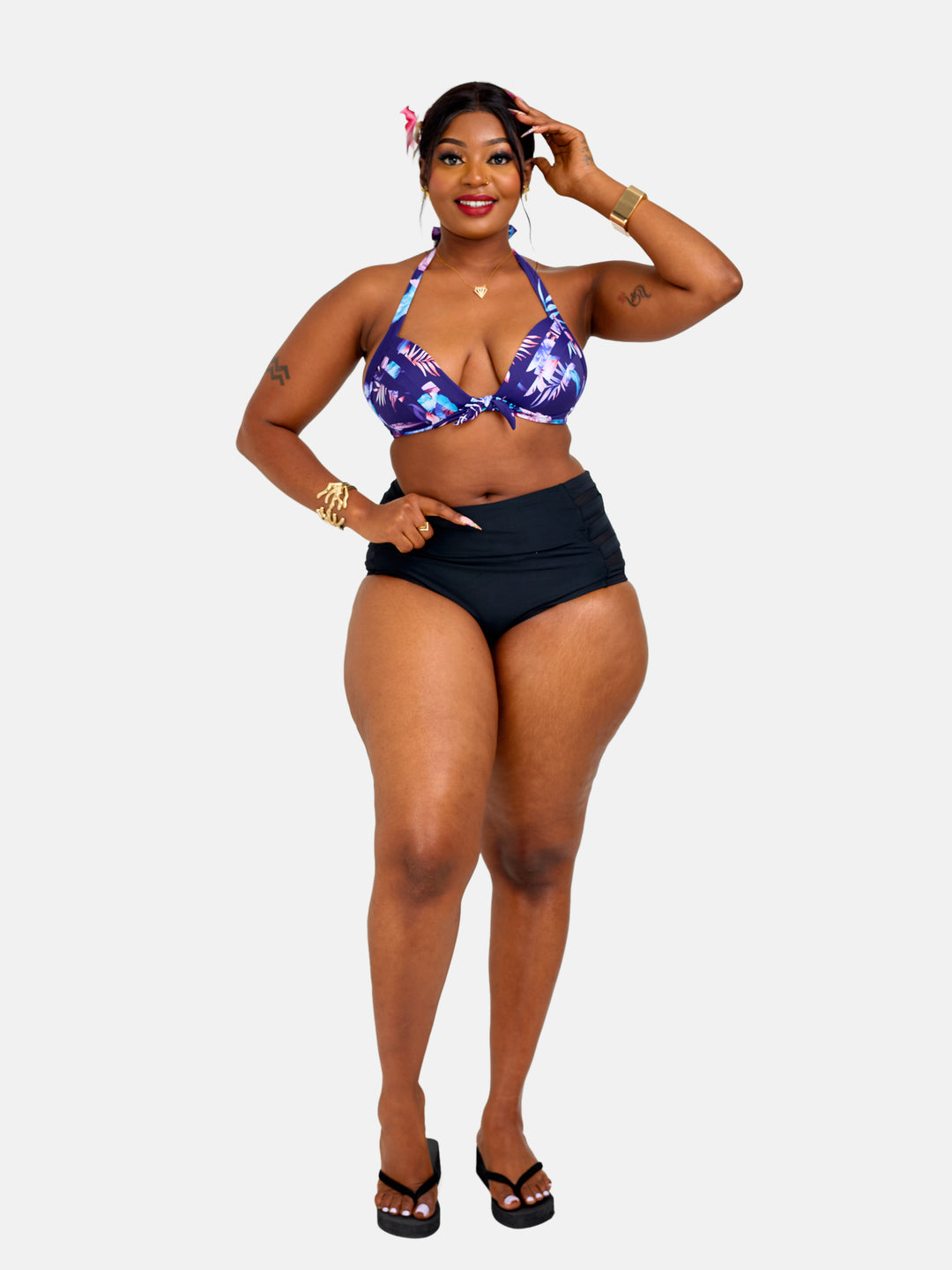 Floral high waisted halter bikini