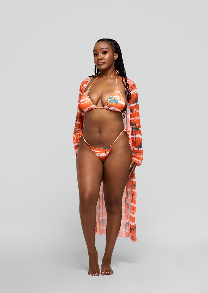 Orange palm print bikini with midi kimono