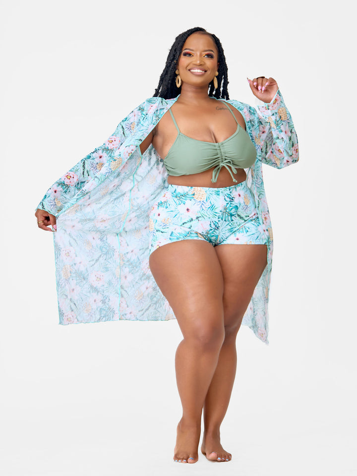 3pc green floral shorts with kimono