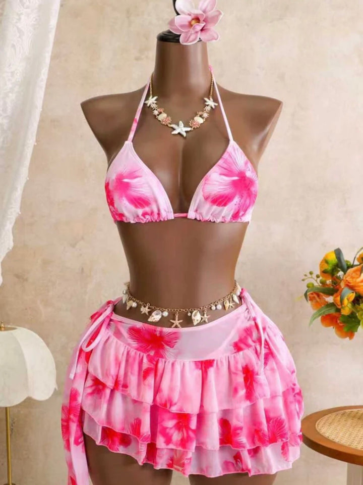 Floral halter mesh ruffle skirt bikini set
