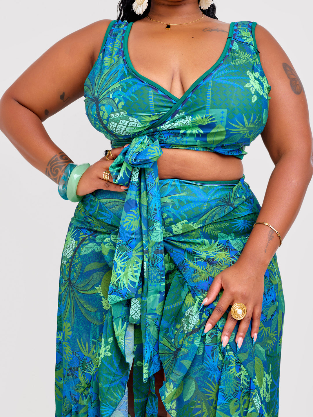 Tropical green bikini with skirt