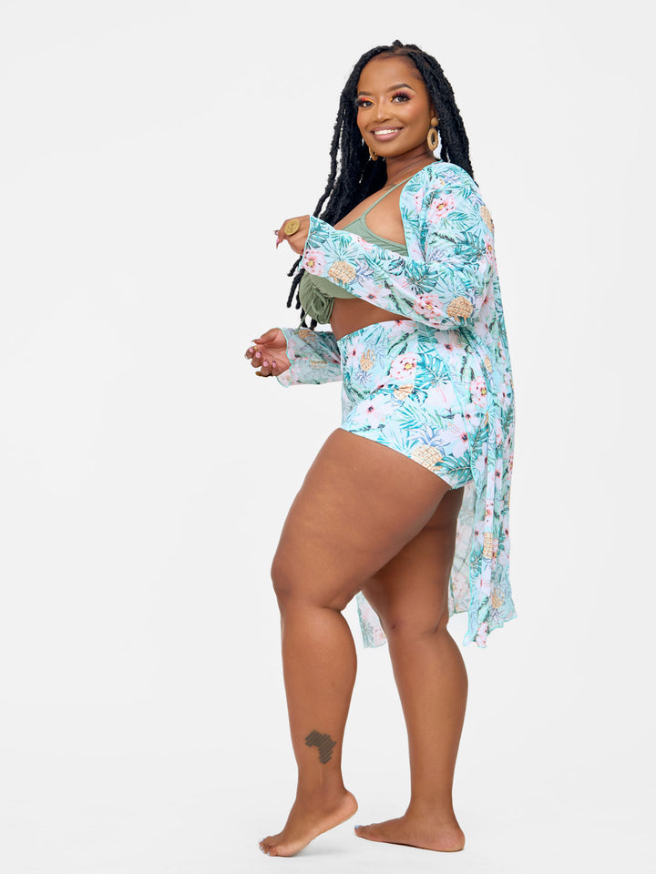 3pc green floral shorts with kimono