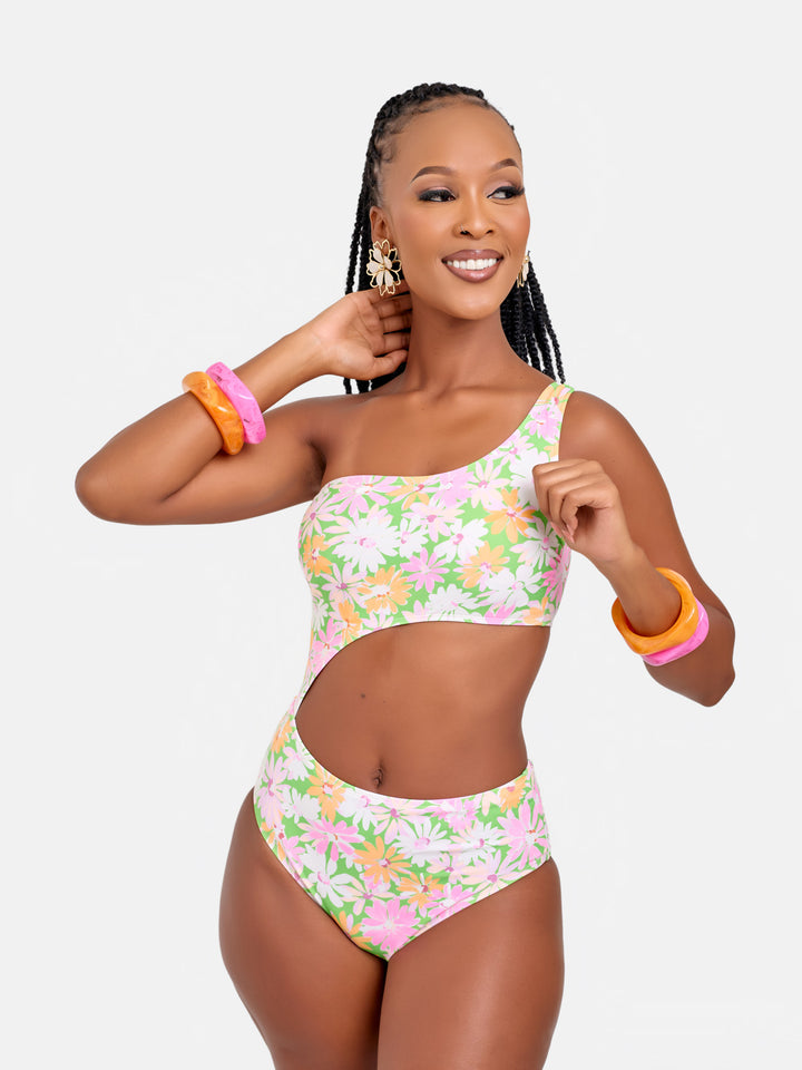 Floral cutout curve-enhancing one piece