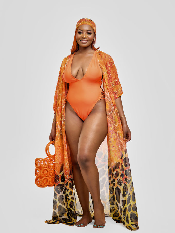 Orange one piece with drawstrings