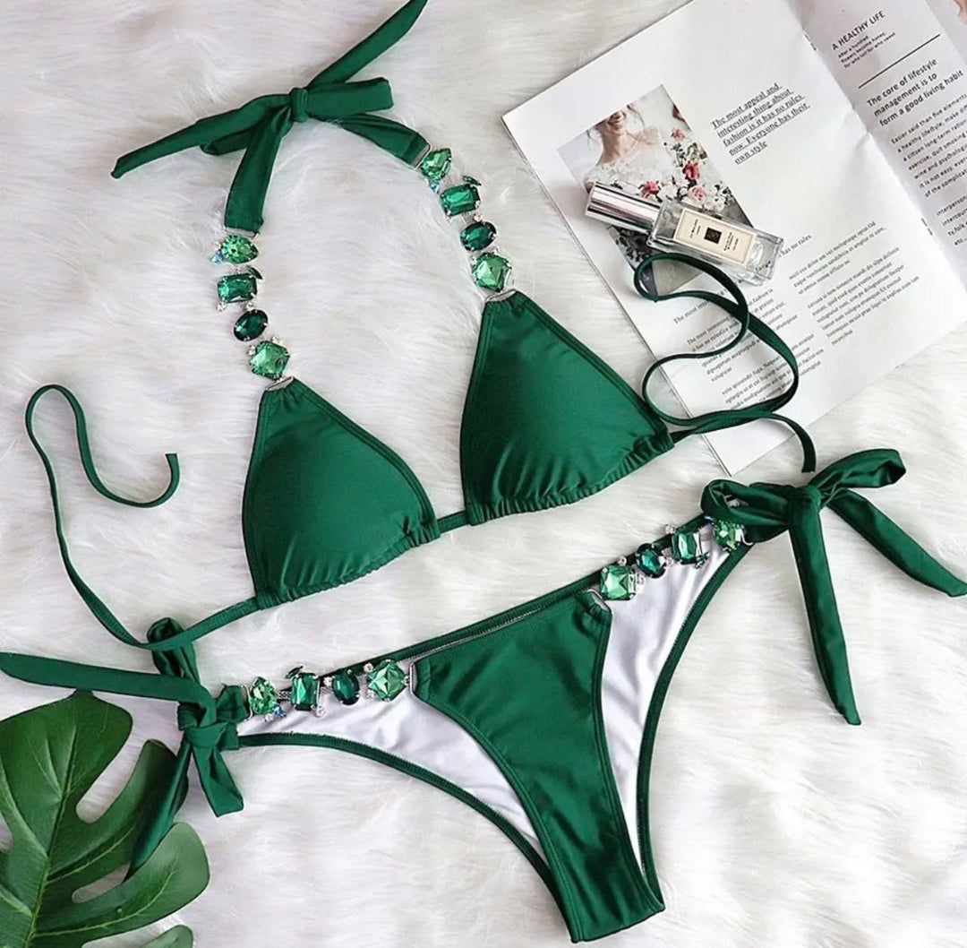 Green rhinestone bikini