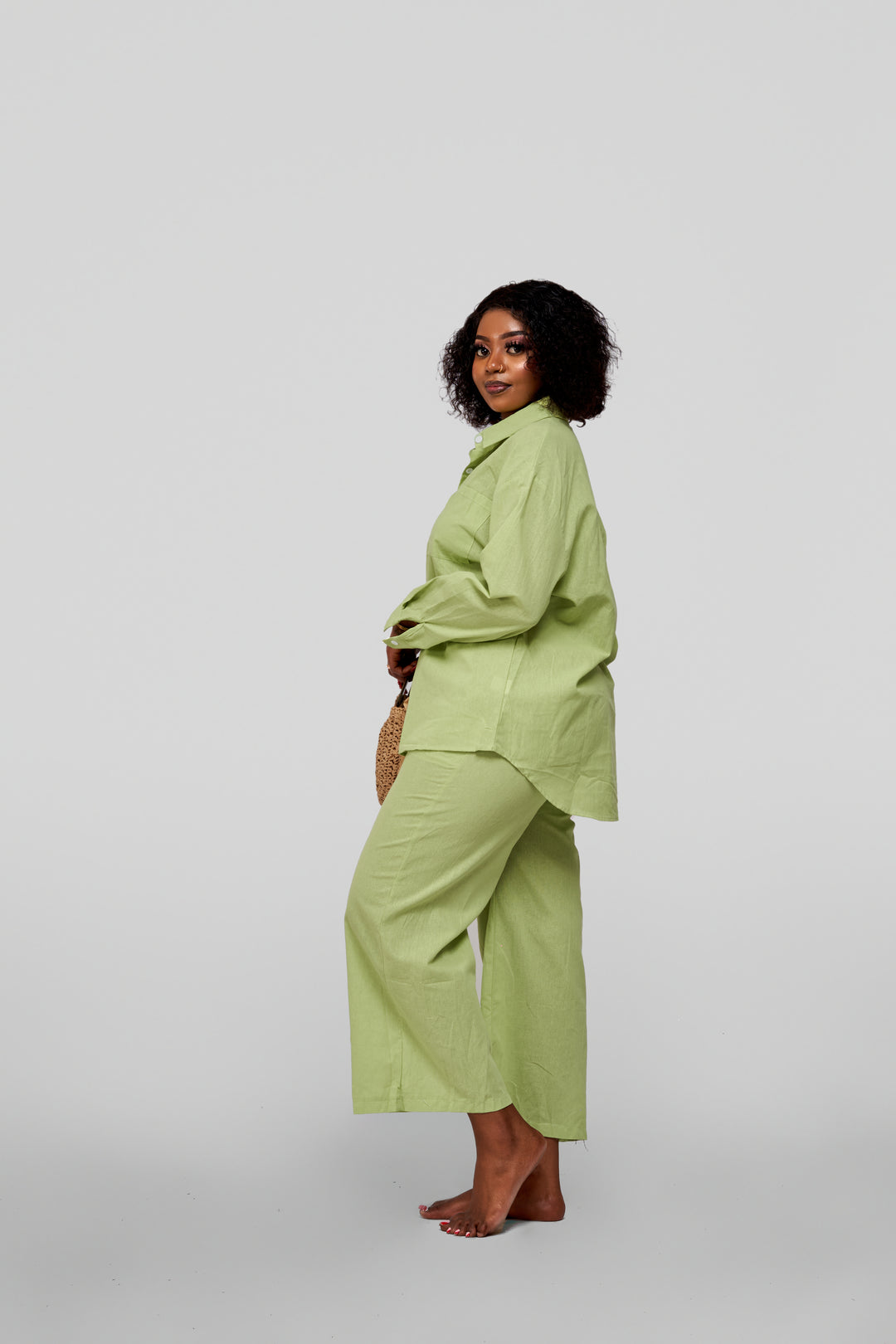 2pc linen blend pants set green