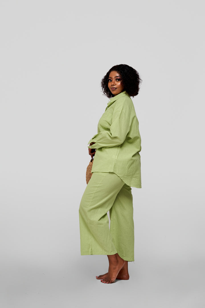 2pc linen blend pants set green