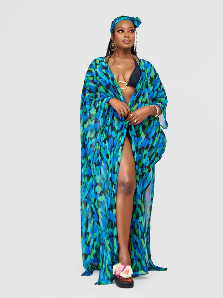 Multi brush print kimono
